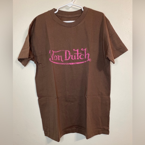 Von Dutch Printed T-shirt Boy's M Chocolate Brown Crewneck Pullover Tagless - Picture 3 of 6